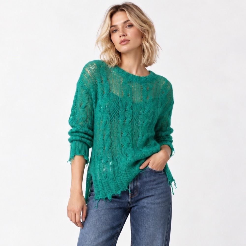 Anthropologie Cable Knit Sweater One Size Green Distressed Frayed Wool Blend